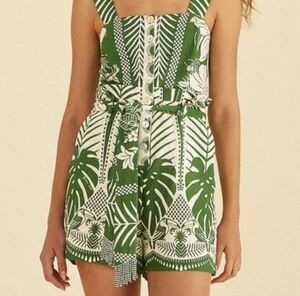 Farm Rio Macaw Elegance Green and White Tropical Print Belted Romper EUC Sz S